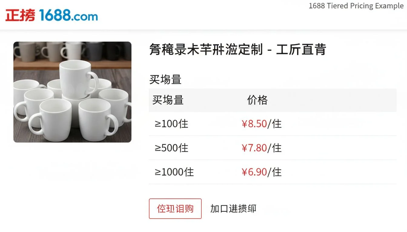 Página do produto no 1688 mostrando preços escalonados para canecas brancas.