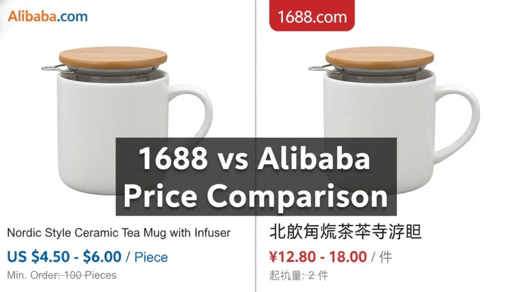 Imagem comparativa lado a lado mostrando o mesmo produto no Alibaba.com e no 1688.com com preços diferentes.