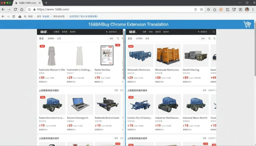 Uma captura de tela do site 1688 com metade em chinês e a outra metade traduzida para o inglês pela extensão 1688AIBuy.