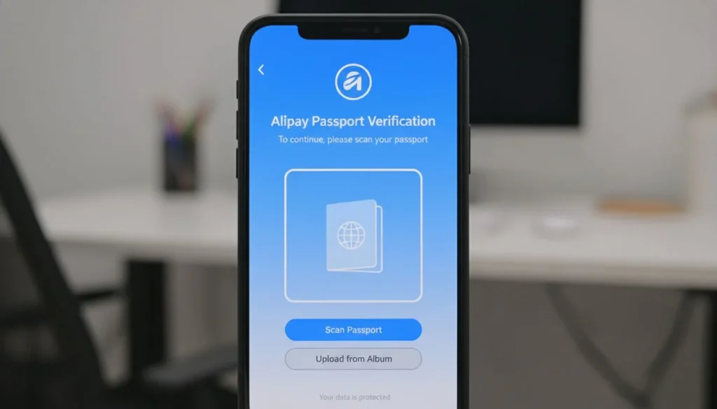 Tela de telefone exibindo a página de verificação de identidade do aplicativo Alipay solicitando uma digitalização do passaporte.