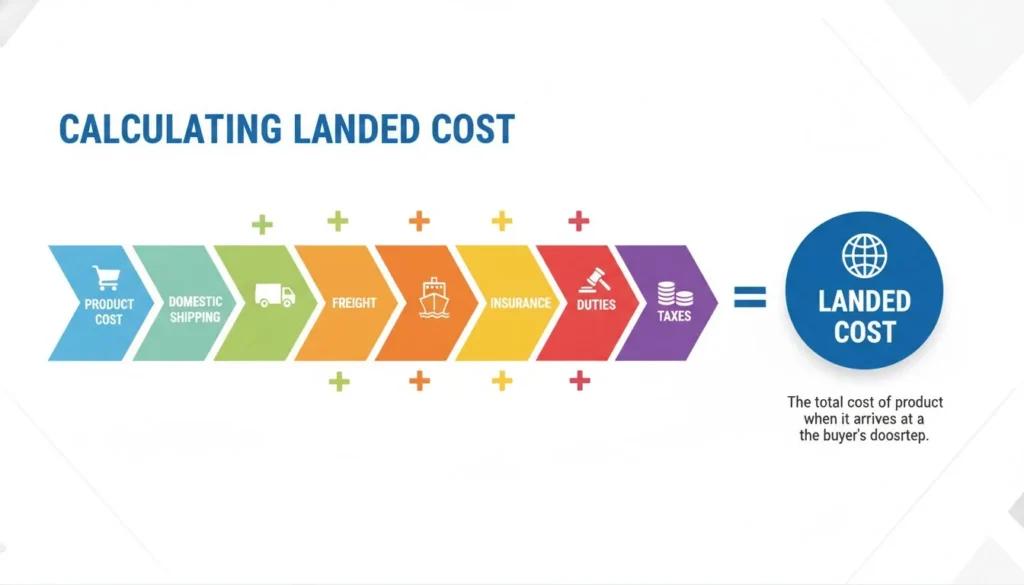 Infográfico ilustrando os componentes do custo desembarcado: custo do produto + frete doméstico + frete internacional + seguro + tarifas + impostos.