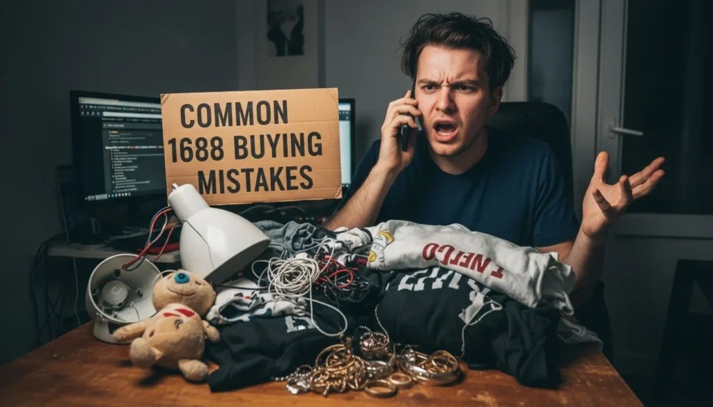 Uma imagem de uma pessoa frustrada ao telefone, com uma pilha de produtos de baixa qualidade ou quebrados ao lado dela.