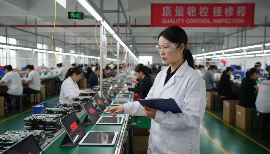 Um inspetor de controle de qualidade em uma fábrica na China verificando produtos em uma linha de produção com uma prancheta.