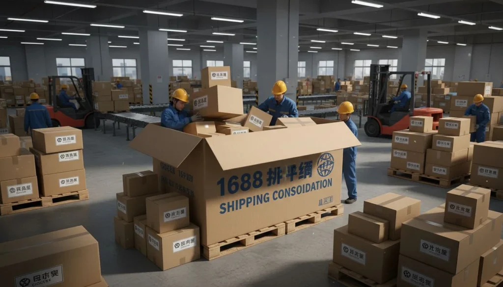 Trabalhadores em um armazém consolidando caixas para envio.