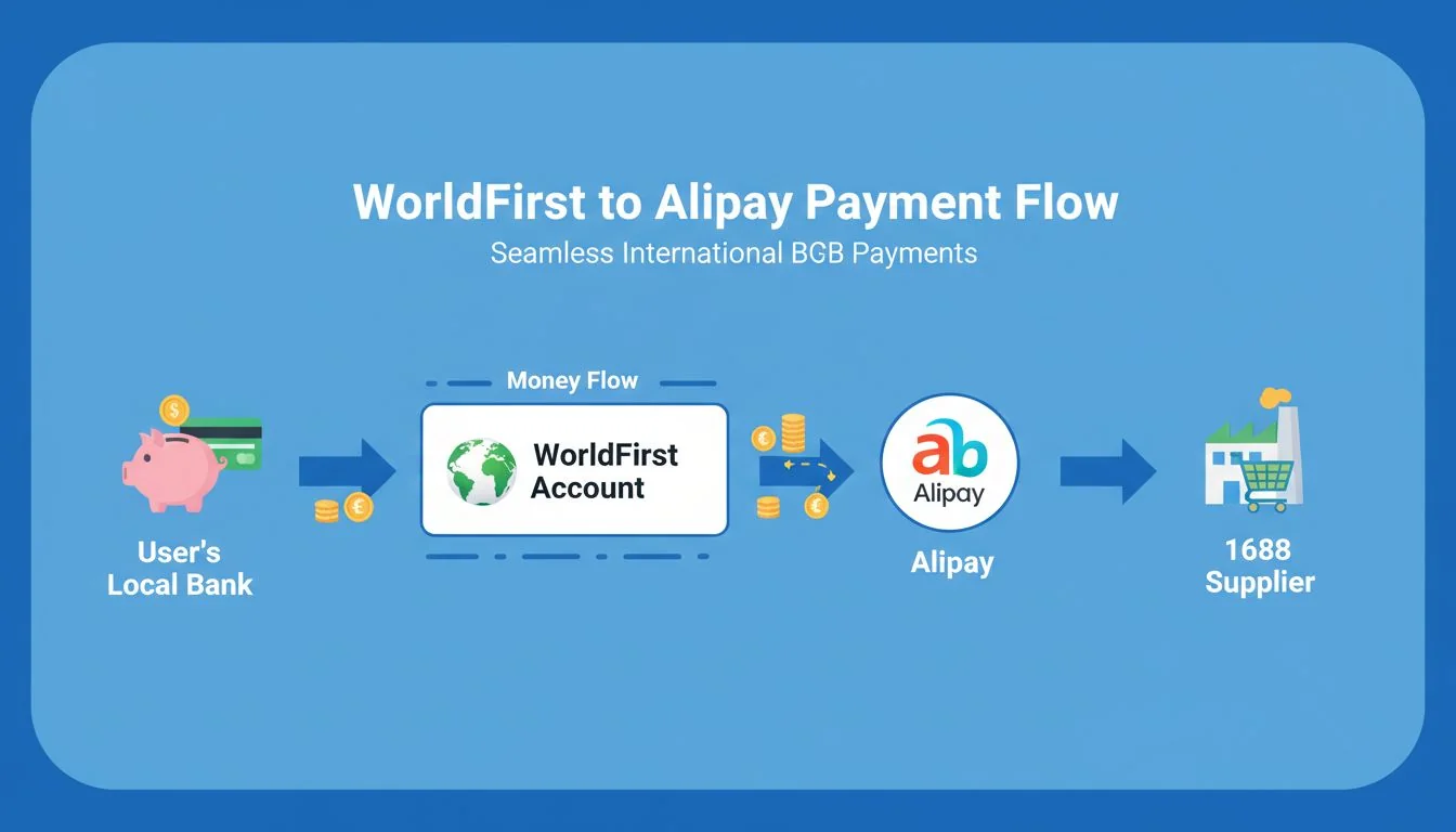 Um diagrama mostrando o fluxo de dinheiro de um banco local do usuário, para uma conta WorldFirst, depois para o Alipay, e finalmente para um fornecedor do 1688.